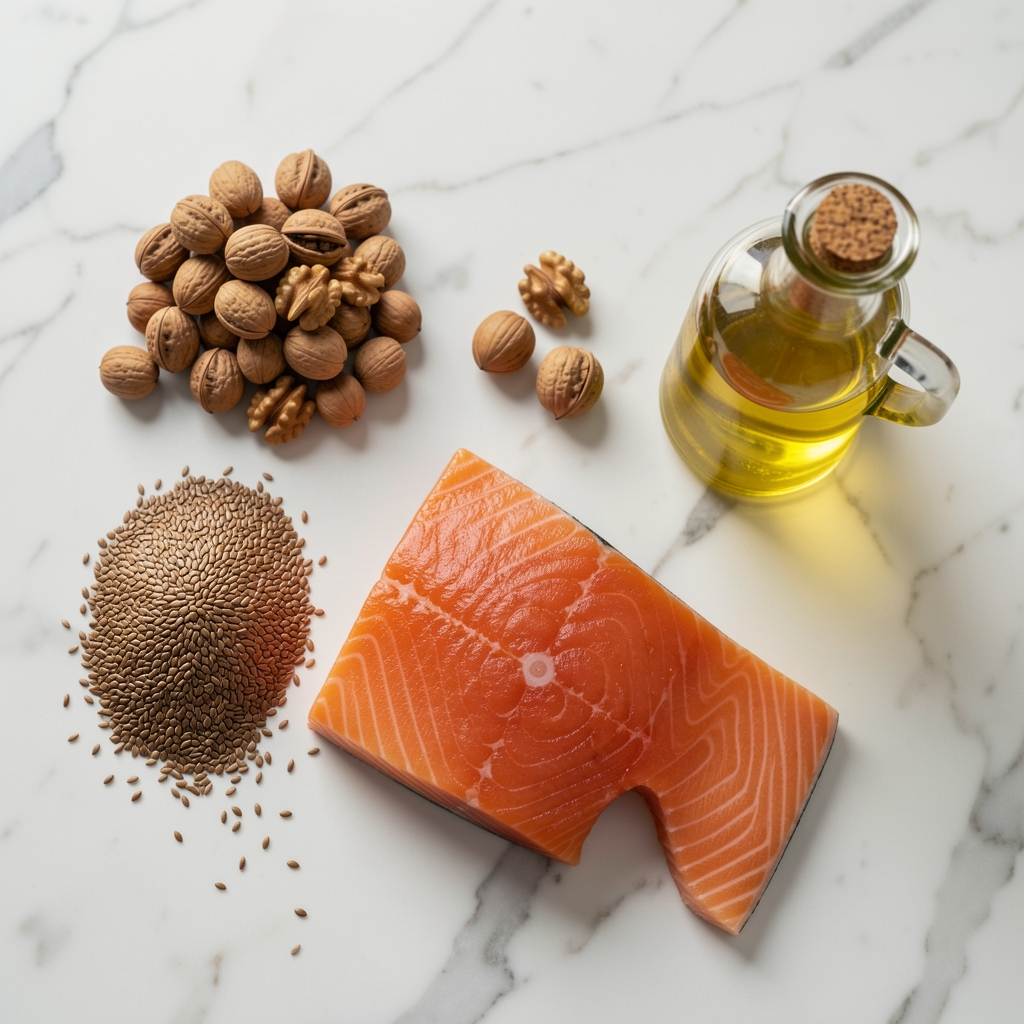 Verschiedene Omega-3-Quellen auf hellem Marmortisch: Walnüsse, Leinsamen, Lachsfilet und Leinöl-Flasche, Draufsicht, natürliches Tageslicht