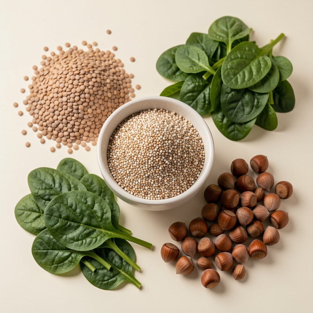 Verschiedene magnesiumreiche Lebensmittel auf hellem Tisch: Quinoa in kleiner Schüssel, trockene Linsen, Kürbiskerne, Spinatblätter und Haselnüsse, Draufsicht