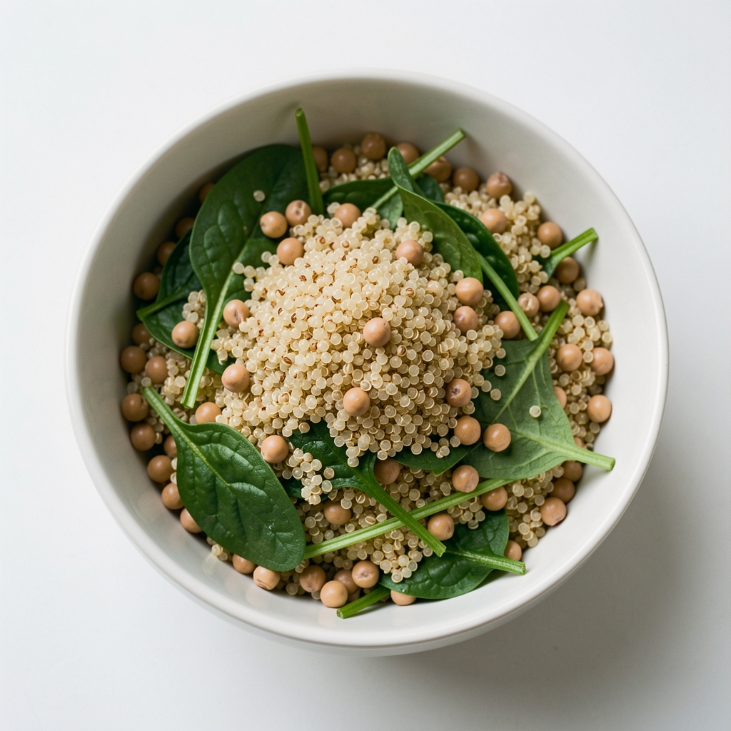 Quinoa-Bowl mit gedünstetem Spinat, Kichererbsen und Avocado, heller Untergrund, editoriale Draufsicht, natürliches Licht