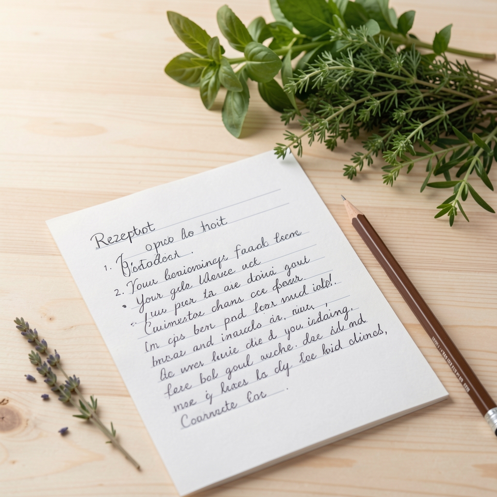 Aufgeschlagenes Rezeptbuch auf Holzarbeitsplatte mit handgeschriebenen Notizen, Bleistift und kleinem Kräutertopf im Hintergrund, weiches Licht